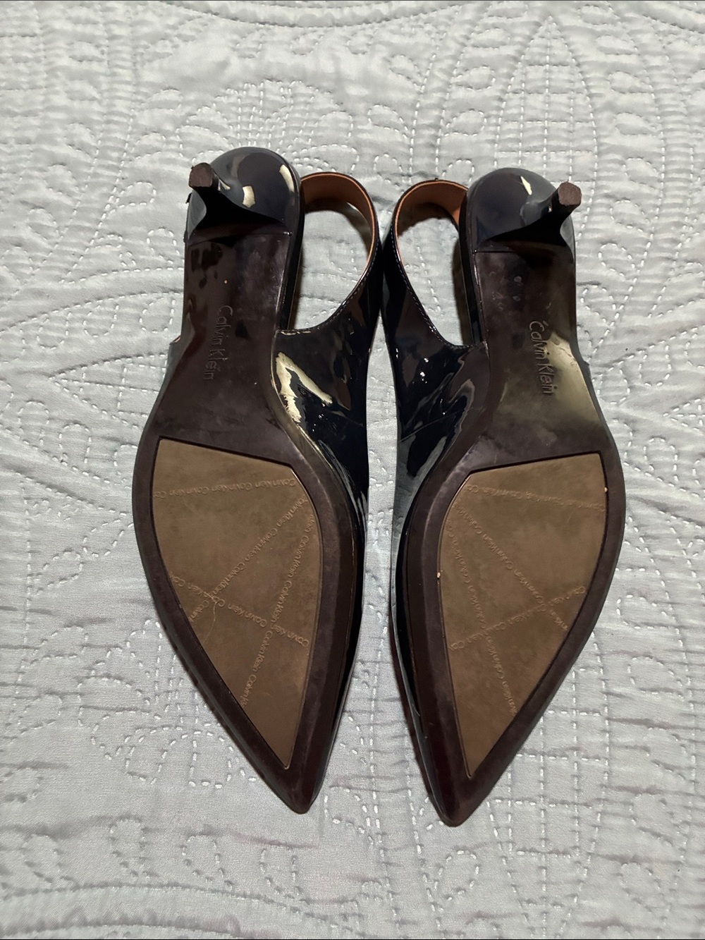 Calvin Klein Black Patent Pointed Slingback Heels with Gold Buckle - Picture 6 of 6